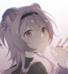 Rule 34 | 1girl, animal ears, arknights, black hairband, black shirt, closed mouth, gradient background, grey background, hair between eyes, hairband, hand up, highres, jewelry, lan2546426, lin (arknights), long hair, long sleeves, looking to the side, pink background, portrait, purple eyes, purple hair, ring, shirt, solo