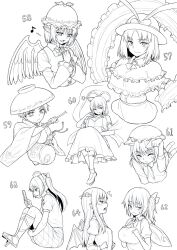 Rule 34 | 6+girls, animal ears, bat wings, bow, bowl, bowl hat, breast envy, breasts, capelet, cat ears, cat girl, cat tail, chen, chisel, commentary request, daiyousei, dress, fairy wings, frilled capelet, frilled shawl, frills, hair bow, hair ribbon, hat, hat bow, head wings, high contrast, highres, himekaidou hatate, japanese clothes, kakone, kaku seiga, kimono, knees up, koakuma, large breasts, long hair, looking at viewer, miracle mallet, monochrome, multiple girls, multiple tails, multiple wings, musical note, mystia lorelei, nagae iku, needle sword, open mouth, ribbon, shawl, short hair, side ponytail, simple background, sitting, sukuna shinmyoumaru, tail, tokin hat, touhou, two tails, wide sleeves, winged hat, wings