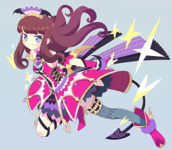 Rule 34 | 1girl, blue eyes, boots, bridal gauntlets, brown hair, closed mouth, demon wings, dress, fang, floating hair, full body, grey background, grey thighhighs, idol clothes, ku (residual666), kurosu aroma, long hair, looking at viewer, pink dress, pink footwear, pink nails, pointy footwear, pretty series, pripara, smile, solo, sparkle, standing, thighhighs, wings