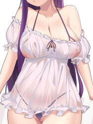 Rule 34 | 1girl, breasts, cleavage, cleft of venus, collarbone, covered erect nipples, covered navel, dress, fern (sousou no frieren), frills, head out of frame, highres, huge breasts, lingerie, long hair, panties, partially visible vulva, purple hair, purple panties, see-through, see-through dress, shiroi ume, short dress, simple background, solo, sousou no frieren, thong, underwear, very long hair, white background, white dress