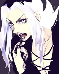 Rule 34 | 1boy, alternate eye color, applying makeup, black lips, black nails, chico0619, collarbone, commentary request, cosmetics, cross-laced clothes, jojo no kimyou na bouken, leaning forward, leone abbacchio, limited palette, lipstick, lipstick tube, long hair, long sleeves, looking at viewer, makeup, male focus, multicolored hair, nail polish, open mouth, plunging neckline, purple hair, solo, two-tone hair, upper body, vento aureo, white eyes, white hair