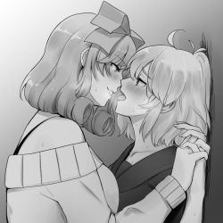 Rule 34 | 2girls, blush, bow, bra, breath, collarbone, commentary request, curly hair, eye contact, greyscale, grin, hair bow, half-closed eyes, haruka (senran kagura), imminent kiss, interlocked fingers, kabedon, lemonrou, looking at another, monochrome, multiple girls, off-shoulder sweater, off shoulder, open mouth, ryouna (senran kagura), senran kagura, senran kagura shinovi versus, short hair, smile, sweatdrop, sweater, tongue, tongue out, underwear, upper body, yuri