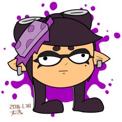 Rule 34 | 1girl, 2016, black hair, callie (splatoon), dated, earrings, expressionless, eyebrows, female focus, flat color, food, food on head, head, inkling, jewelry, mole, mole under eye, nintendo, object on head, pointy ears, solo, splatoon (series), splatoon 1, suitti, tentacle hair, tentacles, thick eyebrows, what, white background