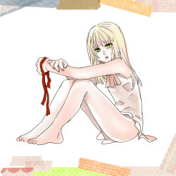 Rule 34 | blonde hair, bottomless, eden no ori, isurugi miina, long hair, lowres, ribbon, sitting, trap