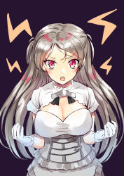Rule 34 | 1girl, breasts, brown eyes, cleavage cutout, clenched hands, clothing cutout, conte di cavour (kancolle), conte di cavour nuovo (kancolle), corset, dress, frilled dress, frills, gloves, kantai collection, large breasts, layered dress, lightning bolt symbol, long hair, long sleeves, looking at viewer, mayura (lucadia), purple background, short sleeves, silver hair, solo, two-tone dress, two side up, upper body, white dress, white gloves