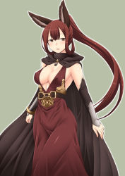Rule 34 | 10s, 1girl, animal ears, belt, blush, bracelet, breasts, brooch, brown eyes, cape, cleavage, detached sleeves, dress, erune, granblue fantasy, highres, jewelry, large breasts, long hair, mole, mole under eye, open mouth, ponytail, red dress, red hair, selfira, simple background, solo, very long hair, zin (goraku hiroba)