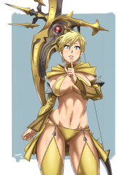 Rule 34 | 10s, 1girl, bard (final fantasy), bikini, blonde hair, blue eyes, bow, capelet, detached sleeves, final fantasy, final fantasy xiv, finger to mouth, gluteal fold, hyur, imdsound, looking at viewer, navel, parted lips, short hair, solo, swimsuit, weapon