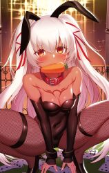 Rule 34 | 1girl, animal ears, black leotard, black rock shooter, breasts, card, carrot, cleavage, commentary request, dark-skinned female, dark skin, fake animal ears, fishnet pantyhose, fishnets, food in mouth, gate, highres, leotard, long hair, looking at viewer, m-da s-tarou, on table, orange eyes, original, pantyhose, playboy bunny, playing card, poker table, rabbit ears, small breasts, solo, squatting, strength (black rock shooter), table, white hair