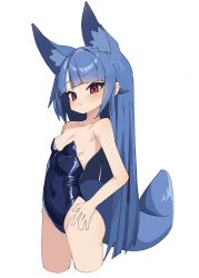 Rule 34 | 1girl, absurdres, animal ear fluff, animal ears, arched back, bare arms, bare shoulders, blue hair, blue leotard, blunt bangs, blush, breasts, closed mouth, cropped legs, from side, hand on own hip, highres, leotard, long hair, myakuro, original, red eyes, simple background, small breasts, solo, straight hair, tail, very long hair, white background