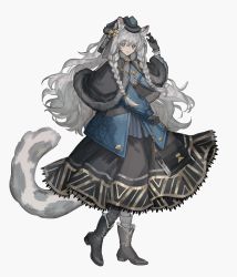 Rule 34 | 1girl, absurdres, animal ears, arknights, bag, black capelet, black footwear, black gloves, black hat, black skirt, blue jacket, boots, braid, capelet, crossed bangs, female focus, full body, fur-trimmed capelet, fur trim, gloves, grey eyes, hair ornament, hand up, hat, highres, jacket, jewelry, leopard ears, leopard girl, leopard tail, long hair, official alternate costume, pramanix (arknights), pramanix (caster&#039;s frost) (arknights), rlffuq025, silver hair, simple background, skirt, solo, standing, tail, twin braids, white background