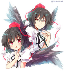 Rule 34 | 2girls, artist name, black hair, black ribbon, black wings, blush, breasts, commentary request, cropped torso, dual persona, feathered wings, finger to face, grin, hair between eyes, half-closed eyes, hand up, hat, highres, index finger raised, looking at another, medium breasts, multiple girls, neck ribbon, open mouth, pom pom (clothes), puffy short sleeves, puffy sleeves, ramudia (lamyun), red eyes, ribbon, shameimaru aya, shirt, short hair, short sleeves, simple background, smile, tassel, tokin hat, touhou, twitter username, upper body, white background, white shirt, wing collar, wings