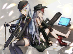 Rule 34 | assault rifle, barefoot, beret, black legwear, blunt bangs, blush, boots, breasts, brown eyes, bullpup, caseless firearm, clothes writing, clothing cutout, coat, combat knife, facial mark, g11 (girls&#039; frontline), girls&#039; frontline, gloves, green coat, green eyes, grey shirt, gun, h&amp;k g11, h&amp;k hk416, hair between eyes, hair ornament, hat, head on hand, head rest, heckler &amp; koch, hk416 (girls&#039; frontline), holding, holding gun, holding weapon, horizontal magazine, jacket, knee pads, knife, knife sheath, knife sheath, light particles, long hair, long sleeves, looking at viewer, medium breasts, monitor, multiple girls, off shoulder, open clothes, open mouth, plaid, plaid skirt, rifle, scarf, scarf on head, scope, sheath, shell casing, shirt, shorts, shoulder cutout, shumeia, silver hair, single boot, single knee pad, sitting, skirt, teardrop, thighhighs, very long hair, weapon