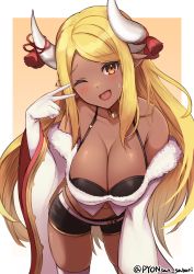 Rule 34 | 1girl, absurdres, bare shoulders, belt, blonde hair, blush, breasts, camisole, cleavage, draph, fur trim, gloves, granblue fantasy, highres, horn ornament, horn ribbon, horns, kumbhira (granblue fantasy), large breasts, leaning forward, long hair, midriff, navel, off shoulder, one eye closed, orange eyes, parted bangs, pointy ears, pyonsan, ribbon, shorts, sidelocks, simple background, solo, sweatdrop, thighhighs, twitter username, v over eye, very long hair, white belt, white gloves