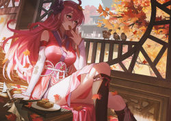 Rule 34 | 1girl, bird, blush, building, character request, detached collar, detached sleeves, dress, eating, fence, highres, leaf, leaf on head, long hair, looking to the side, maple leaf, maple tree, phantom blade (game), pink dress, pink hair, solo, stairs, thighhighs, tree, ttk (kirinottk), weapon
