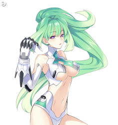 Rule 34 | 10s, 1girl, :o, armor, armpits, bare shoulders, breast clinging, breasts, center opening, choujigen game neptune, claws, cleavage, cleavage cutout, clothing cutout, cowboy shot, detached sleeves, elbow gloves, face, female focus, floating hair, from side, gauntlets, gloves, green hair, green heart (neptunia), hair intakes, half-closed eyes, halterneck, hand up, high ponytail, large breasts, leotard, long hair, looking at viewer, magical girl, midriff, navel, neptune (series), official art, open mouth, ponytail, power symbol, power symbol-shaped pupils, purple eyes, revealing clothes, simple background, solo, symbol-shaped pupils, tsunako, turtleneck, underboob, vert (neptunia), very long hair, watermark, white background