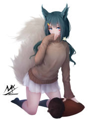 Rule 34 | 1girl, animal ears, artist name, black socks, blue eyes, breasts, brown sweater, covered mouth, facial mark, full body, green hair, hair ornament, hairclip, hand up, highres, kneehighs, kneeling, long hair, long sleeves, looking at viewer, no shoes, original, pleated skirt, shimmer, signature, simple background, skirt, sleeves past wrists, small breasts, socks, solo, sweater, tail, tail raised, turtleneck, turtleneck sweater, twintails, v-shaped eyebrows, white background, white skirt
