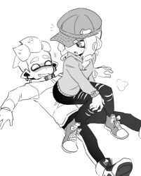 Rule 34 | blush, dede (qwea 00000), drooling, fang, greyscale, hetero, hood, hoodie, inkling, inkling boy, inkling player character, long sleeves, looking at another, lying, monochrome, nintendo, octoling, octoling girl, octoling player character, open mouth, pants, pointy ears, simple background, sitting, sitting on person, splatoon (series), sweat, tentacle hair, torn clothes, torn pants