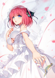 Rule 34 | 1girl, :o, bare shoulders, bison cangshu, black ribbon, blue eyes, blue nails, breasts, bridal veil, cleavage, cleavage cutout, clothing cutout, commentary request, dress, gloves, go-toubun no hanayome, hair ribbon, hand up, highres, jewelry, long sleeves, looking at viewer, medium breasts, nail polish, nakano nino, out of frame, parted lips, petals, red hair, ribbon, ring, see-through, sleeveless, sleeveless dress, solo focus, two side up, underboob, v-shaped eyebrows, veil, wedding band, wedding dress, white background, white dress, white gloves