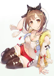 Rule 34 | 1girl, :3, arm support, arm up, atelier (series), atelier ryza, atelier ryza 1, bad id, bad pixiv id, belt, black gloves, brat (brabrabrat00), breasts, brown eyes, brown hair, cleavage, collarbone, gloves, hair ornament, hairclip, hat, highres, jewelry, long hair, looking at viewer, medium breasts, midriff, navel, necklace, red shorts, reisalin stout, short shorts, shorts, single glove, sitting, smile, solo, star (symbol), thighhighs, thighs, white hat, yokozuwari