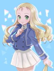Rule 34 | 10s, 1girl, bad id, bad pixiv id, bc freedom military uniform, blonde hair, blue background, blue jacket, blue vest, clenched hand, closed mouth, commentary, cowboy shot, dress shirt, drill hair, folding fan, girls und panzer, green eyes, hand fan, high collar, holding, holding fan, jacket, kakuzatou (boxxxsugar), long hair, long sleeves, looking at viewer, marie (girls und panzer), military, military uniform, miniskirt, pleated skirt, shirt, skirt, smile, solo, standing, triangle, uniform, vest, white shirt, white skirt