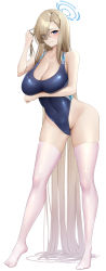 Rule 34 | 1girl, absurdly long hair, absurdres, arm under breasts, arm up, asuna (blue archive), blonde hair, blue archive, blue eyes, blue one-piece swimsuit, breasts, cleavage, closed mouth, competition swimsuit, contrapposto, covered navel, eyes visible through hair, gluteal fold, groin, hair over one eye, halo, highleg, highleg swimsuit, highres, laimer, large breasts, long hair, no shoes, one-piece swimsuit, raised eyebrows, simple background, skindentation, solo, straight hair, swimsuit, thighhighs, thighs, very long hair, white background, white thighhighs, wide hips