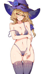Rule 34 | 1girl, arm under breasts, bare arms, bare shoulders, bra, breasts, brown hair, cleavage, collarbone, cowboy shot, female pubic hair, flower, genshin impact, gluteal fold, green eyes, grin, hair between eyes, hair flower, hair ornament, hat, highleg, highleg panties, highres, holding own arm, large breasts, lisa (genshin impact), long hair, looking at viewer, navel, panties, pubic hair, pubic hair peek, purple bra, purple flower, purple hat, purple panties, purple rose, purple thighhighs, rose, secon, shiny skin, simple background, skindentation, smile, solo, stomach, strap slip, thighhighs, thighs, underwear, white background, witch hat