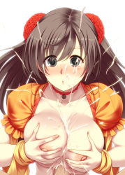 Rule 34 | 1girl, blush, breasts, breasts out, breasts squeezed together, brown hair, choker, cum, cum on body, cum on breasts, cum on upper body, dress, earrings, ejaculation, fate/grand order, fate (series), grey eyes, hair ornament, hetero, highres, hoop earrings, jewelry, large breasts, long hair, looking at viewer, mata hari (fate), nipples, orange dress, paizuri, penis, puffy short sleeves, puffy sleeves, short sleeves, simple background, solo focus, swept bangs, tro, white background