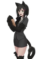 Rule 34 | :d, animal ears, animal hands, black hair, cat ears, cat girl, cat tail, cowboy shot, green eyes, hair ornament, hairpin, highres, less, miniskirt, monster girl, office lady, open mouth, side ponytail, simple background, skirt, smile, solo, tail, white background