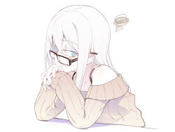 Rule 34 | 1girl, asutora, asutora-chan, bare shoulders, black-framed eyewear, blue eyes, brown sweater, commentary, elbow rest, elbows on table, hair between eyes, hand on own chin, long hair, looking at viewer, looking to the side, mole, mole under eye, original, sidelocks, simple background, solo, squiggle, sweater, white background, white hair