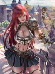 Rule 34 | 1boy, 1girl, armor, breasts, cleavage, erza scarlet, fairy tail, gray fullbuster, highres, holding, holding sword, holding weapon, large breasts, long hair, red hair, skirt, smile, sword, weapon