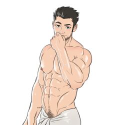 Rule 34 | 1boy, abs, after bathing, bara, beard stubble, black hair, covering own mouth, facial hair, hand over own mouth, large pectorals, looking at viewer, lucas lee, male focus, male pubic hair, muscular, muscular male, navel, navel hair, nipples, omartoon, pectorals, pubic hair, pubic hair peek, scott pilgrim (series), scott pilgrim takes off, short hair, smile, solo, stomach, stubble, thick eyebrows, topless male, towel around waist, veins, veiny arms, wet
