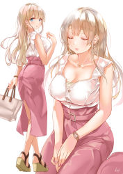 Rule 34 | 1girl, :o, bag, blue eyes, breasts, cleavage, closed eyes, collarbone, earrings, full body, handbag, highres, jewelry, koji (kojikojimdw), large breasts, light brown hair, long hair, long skirt, looking at viewer, looking back, multiple views, nail polish, necklace, open mouth, original, red skirt, ring, seiza, shirt, shirt tucked in, short sleeves, signature, simple background, sitting, skirt, toeless footwear, watch, white background, white shirt