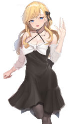 Rule 34 | 1girl, bare shoulders, black dress, blonde hair, bow, breasts, chain, cleavage, collarbone, criss-cross halter, dress, feet out of frame, halter dress, halterneck, highres, idolmaster, idolmaster cinderella girls, idolmaster cinderella girls starlight stage, jewelry, large breasts, long hair, looking at viewer, medium dress, ohtsuki yui, open mouth, pantyhose, ring, shougun (chuckni1), sidelocks, simple background, solo, standing, standing on one leg, swept bangs, waving, wavy hair, white background