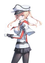 Rule 34 | 1girl, black gloves, black pantyhose, black skirt, blonde hair, blush, breasts, calligraphy brush (medium), capelet, cchhii3, celtic knot, cowboy shot, cross, cup, gloves, graf zeppelin (kancolle), grey eyes, hair between eyes, hat, high collar, high ponytail, highres, holding, holding cup, impossible clothes, iron cross, jacket, kantai collection, large breasts, looking at viewer, looking back, military, military hat, military uniform, miniskirt, mug, necktie, pantyhose, peaked cap, serious, sidelocks, simple background, skirt, solo, steam, tsurime, twintails, uniform, v-shaped eyebrows, white background, white hat
