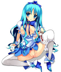 Rule 34 | 10s, 1girl, bad id, bad pixiv id, blood, blue eyes, blue hair, blue skirt, boots, breasts, brooch, censored, cure marine, hair ornament, heart, heart brooch, heartcatch precure!, jewelry, kurumi erika, legs, long hair, magical girl, matching hair/eyes, menstrual pad, menstruation, nipples, no bra, no panties, open mouth, precure, pussy, ribbon, sitting, skirt, small breasts, solo, thighhighs, yukiwo