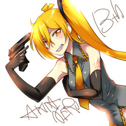 Rule 34 | 1girl, akita neru, anniversary, arm across chest, bare shoulders, black sleeves, blonde hair, blush, breasts, caffein, character name, commentary, detached sleeves, dutch angle, elbow gloves, gloves, grey shirt, grin, gun, gun to head, hair ornament, holding, holding gun, holding weapon, necktie, ponytail, shiny clothes, shirt, shoulder tattoo, sideways glance, sleeveless, sleeveless shirt, small breasts, smile, solo, tattoo, vocaloid, weapon, white background, yellow necktie