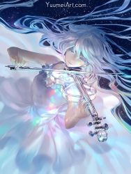 Rule 34 | 1girl, closed eyes, commentary, dress, glass, highres, instrument, long hair, original, sky, solo, star (sky), starry sky, violin, watermark, web address, white dress, white hair, yuumei