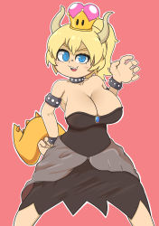 Rule 34 | 1girl, absurdres, armlet, bare shoulders, black dress, blonde hair, blue eyes, bowsette, bracelet, breasts, cleavage, collar, collarbone, dress, highres, horns, jewelry, large breasts, looking at viewer, lotikmac, mario (series), monster girl, new super mario bros. u deluxe, nintendo, open mouth, pink background, ponytail, sharp teeth, simple background, sleeveless, slit pupils, smile, solo, spiked armlet, spiked bracelet, spiked collar, spikes, super crown, tail, teeth, tongue, upper teeth only