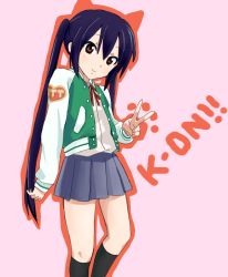 Rule 34 | bad id, bad pixiv id, black hair, brown eyes, jacket, k-on!, let&#039;s go! (k-on!), long hair, nakano azusa, ronti, school uniform, solo, twintails, v