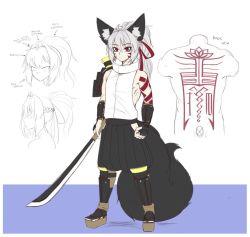 Rule 34 | 1boy, ahoge, animal ear fluff, animal ears, arm guards, arm tattoo, armor, back, back tattoo, braid, character sheet, chromaticmuse, clenched hand, closed mouth, english text, eyes visible through hair, facial mark, flattop, fox boy, fox ears, fox tail, greaves, grey hair, hair between eyes, hair ribbon, hatching (texture), holding, holding sword, holding weapon, japanese armor, long hair, male focus, multiple views, original, pauldrons, ponytail, profile, red eyes, ribbon, shoulder armor, shoulder tattoo, single bare shoulder, single pauldron, sode, standing, suneate, sword, tail, tattoo, vambraces, weapon, whisker markings