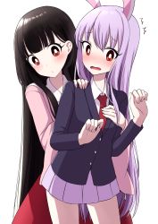 Rule 34 | 2girls, ^^^, animal ears, arms up, behind another, black hair, blazer, blouse, blunt bangs, blush, bright pupils, commentary request, cowboy shot, curled fingers, dress shirt, hair between eyes, hand on another&#039;s chest, hand on another&#039;s shoulder, head tilt, highres, hime cut, houraisan kaguya, jacket, lavender skirt, leaning to the side, light purple hair, long hair, long sleeves, looking at viewer, miniskirt, multiple girls, necktie, open mouth, pink shirt, pleated skirt, rabbit ears, red eyes, red neckwear, red skirt, reisen udongein inaba, shirt, simple background, skirt, touhou, tsukimirin, very long hair, white background, white pupils, white shirt