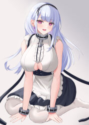 Rule 34 | 1girl, absurdres, anchor symbol, apron, azur lane, black hairband, blue hair, breasts, center frills, choker, clothing cutout, collar, dido (azur lane), earrings, frilled choker, frills, full body, grey background, hairband, headband, heart, heart earrings, highres, jewelry, large breasts, long hair, looking at viewer, maid, metal collar, open mouth, purple eyes, purple hairband, purple headband, remapack77, shirt, simple background, solo, thighhighs, underboob, underboob cutout, white apron, white shirt, white thighhighs