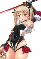 Rule 34 | 1girl, arm up, armpits, black gloves, black leotard, black ribbon, boko (girls und panzer), breasts, commentary, cosplay, covered navel, cowboy shot, elbow gloves, fingerless gloves, girls und panzer, gloves, hair ribbon, halterneck, highres, holding, holding stuffed toy, holding sword, holding weapon, katana, leotard, light brown hair, long hair, looking at viewer, monomono, open mouth, ribbon, shimada arisu, simple background, small breasts, solo, standing, stuffed animal, stuffed toy, sweat, sword, taimanin suit, teddy bear, weapon, white background