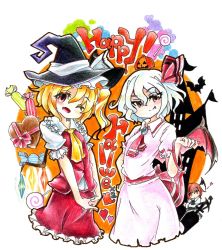Rule 34 | 3girls, alternate headwear, ascot, bat wings, blonde hair, blush, brown eyes, candy, chocolate, chocolate heart, coffin, colored pencil (medium), cross, demon tail, eyelashes, fang, flandre scarlet, goku (acoloredpencil), gokuu (acoloredpencil), hair ribbon, halloween, hand on own hip, happy halloween, hat, head wings, heart, highres, jack-o&#039;-lantern, koakuma, lollipop, looking at viewer, multiple girls, no headwear, one eye closed, open mouth, peeking out, red eyes, red hair, remilia scarlet, ribbon, siblings, side ponytail, sisters, smile, tail, touhou, traditional media, white hair, wings, wink