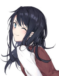Rule 34 | 1girl, ;), black hair, blue eyes, brown vest, closed mouth, floating hair, from side, highres, kara no kyoukai, kokutou azaka, long hair, looking at viewer, one eye closed, shigure (shigure 43), shirt, simple background, smile, solo, upper body, vest, white background, white shirt