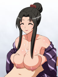 Rule 34 | 00s, 1boy, 1girl, ^ ^, armpits, bare shoulders, black hair, blush, breast hold, breasts, censored, cleavage, closed eyes, clothed sex, cum, cum on body, cum on breasts, cum on upper body, falchion, grabbing, grabbing own breast, hair bun, hair ornament, happy sex, hetero, highres, huge breasts, japanese clothes, kanokon, kimono, lipstick, long hair, lying, makeup, mature female, minamoto tamamori, mosaic censoring, nipples, no bra, nude, off shoulder, on back, open clothes, paizuri, penis, single hair bun, smile, solo focus, striped, tamamo