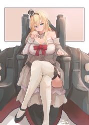 Rule 34 | 1girl, absurdres, bare shoulders, black hairband, blonde hair, blue eyes, braid, breasts, crossed legs, crown, dress, feet out of frame, flower, french braid, garter straps, hairband, highres, jewelry, kantai collection, large breasts, long hair, long sleeves, machinery, mini crown, necklace, off-shoulder dress, off shoulder, red flower, red ribbon, red rose, ribbon, rose, saamon (salmonkomaku), sitting, solo, thighhighs, throne, warspite (kancolle), white dress