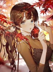 Rule 34 | 1girl, animal, autumn, autumn leaves, bird, blurry, blurry background, blush, breasts, commentary request, green eyes, hands up, highres, large breasts, leaf, long arms, long hair, looking at viewer, maple leaf, nail polish, open mouth, original, outdoors, red nails, shycocoa, sleeves past elbows, solo, teeth, twintails, upper body, upper teeth only