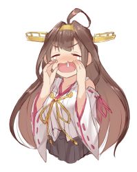 Rule 34 | 1girl, = =, ahoge, black skirt, blush, brown hair, commentary request, crying, d:, closed eyes, facing viewer, fumikiri, headgear, kantai collection, kongou (kancolle), long hair, nontraditional miko, nose blush, open mouth, pleated skirt, simple background, skirt, snot, solo, tears, upper body, v-shaped eyebrows, white background