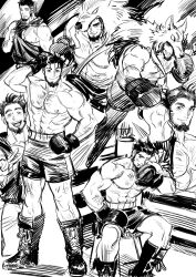 Rule 34 | 1boy, :d, absurdres, alternate costume, bara, bare pectorals, beard, betofu, black hair, boxing, boxing gloves, clothes pull, collage, commission, danny (felixnosi), facial hair, fighting stance, full beard, greyscale, hairy, highres, large pectorals, looking at viewer, male focus, mature male, monochrome, muscular, muscular male, nipples, open mouth, original, pectorals, shirt pull, short hair, sitting, smile, sparse arm hair, sparse chest hair, sparse navel hair, thick eyebrows, topless male, wolf hood, wrestler